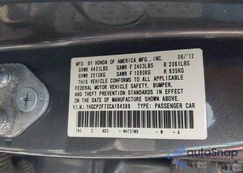 2012 Honda Accord 2.4 Ex z USA, uszkodzony, nr VIN 1HGCP2F70CA194389